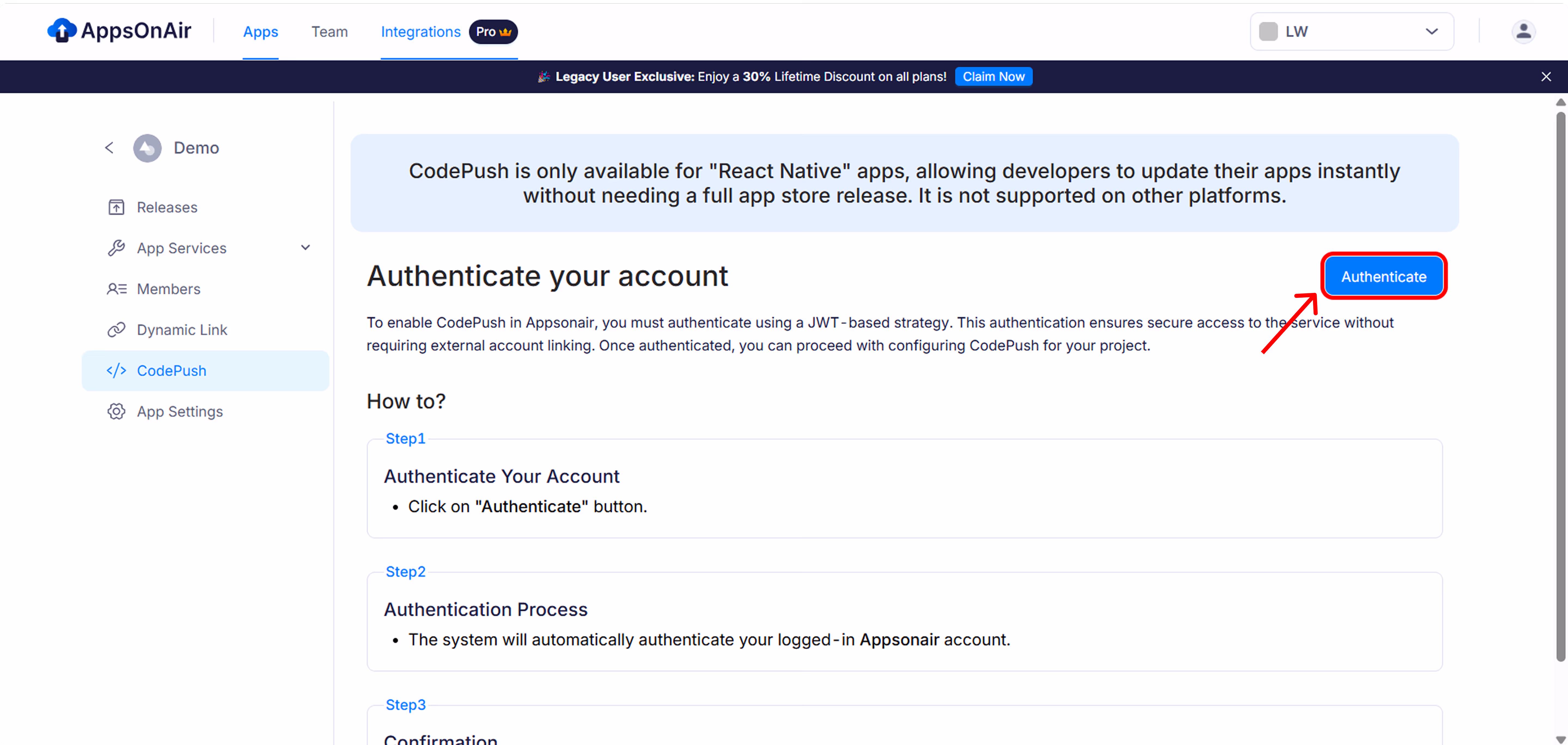 Authenticate your AppsOnAir CodePush account.