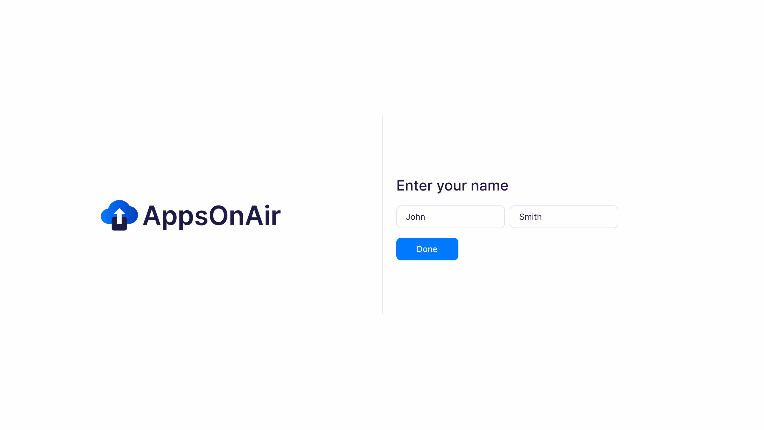 Enter your name to set up your AppsOnAir account