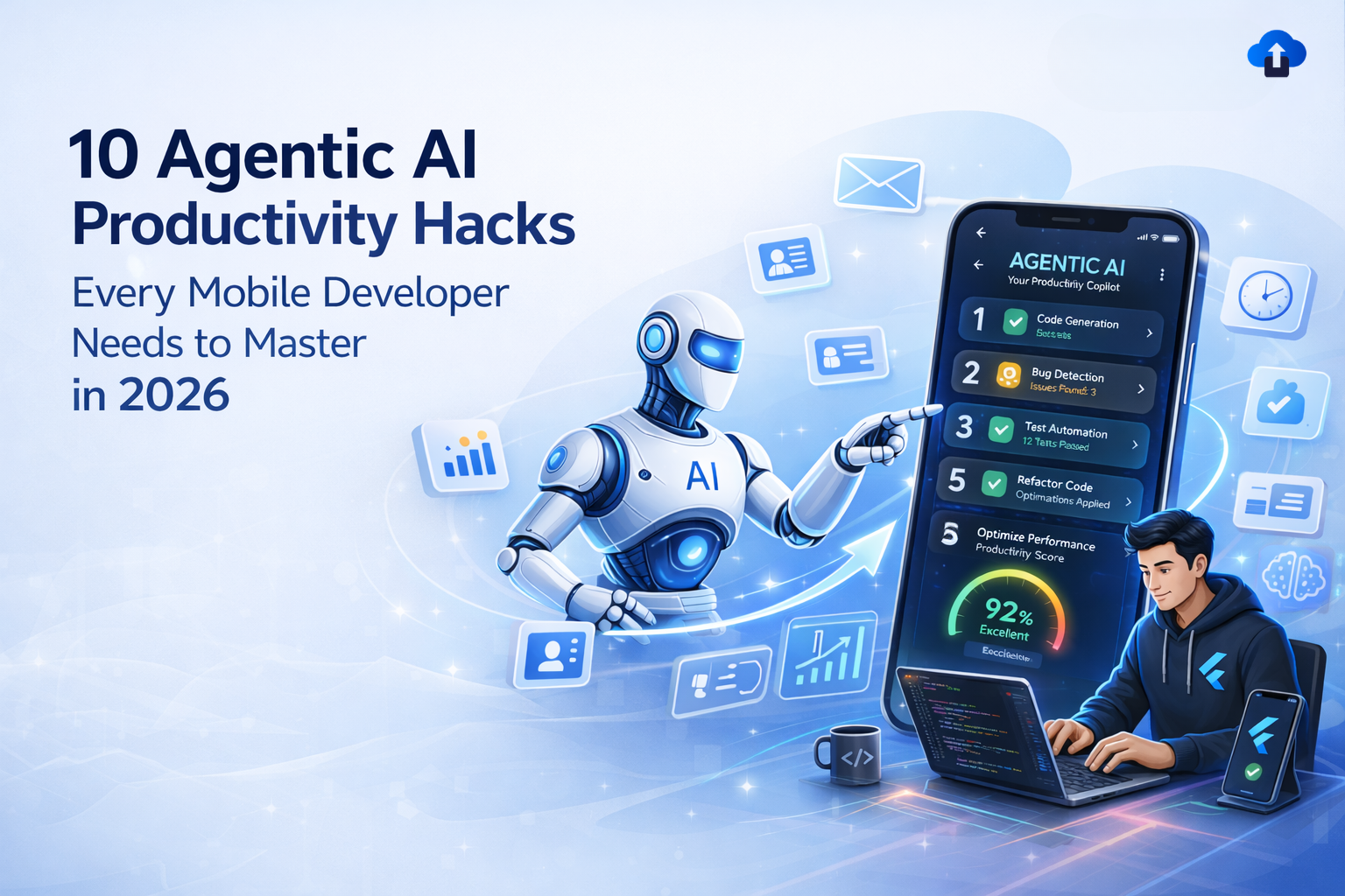 Agentic AI productivity hacks for mobile developers in 2026, featuring AI code generation, bug detection, automated testing, refactoring, and performance optimization on smartphone dashboard with Flutter app developer using laptop and AI assistant robot, illustrating AI-powered mobile app development workflow.