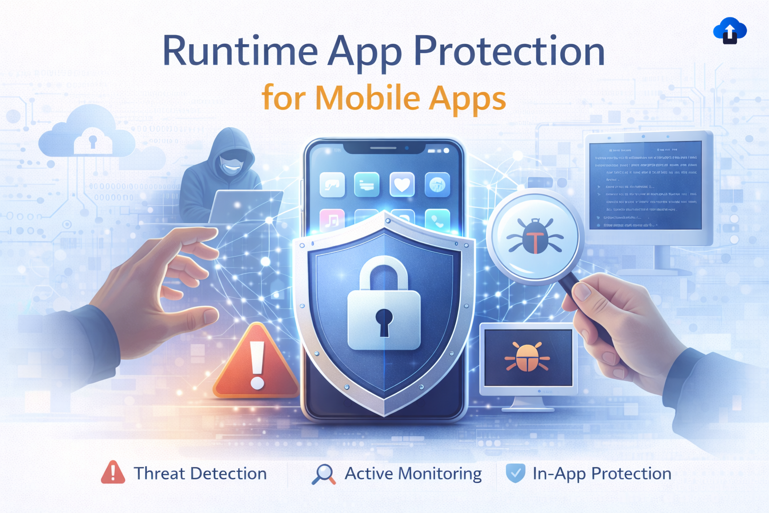 Runtime app protection for mobile apps with smartphone security shield, threat detection alerts, active monitoring, and malware scanning visualization.