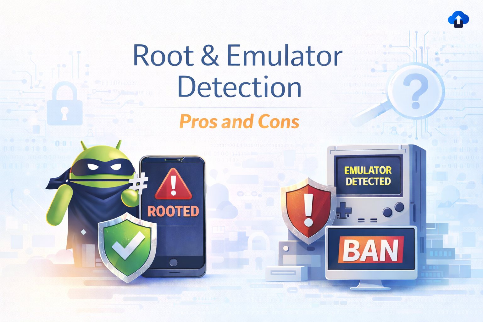 Root and emulator detection concept illustration with rooted Android device, security shields, and emulator warning, highlighting mobile app security risks and prevention techniques.