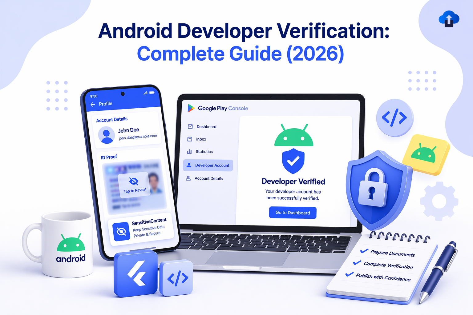 Light-themed illustration of Android developer verification process showing a smartphone and laptop with Google Play Console, “Developer Verified” screen, and security icons, with the headline “Android Developer Verification: Complete Guide (2026)” at the top.