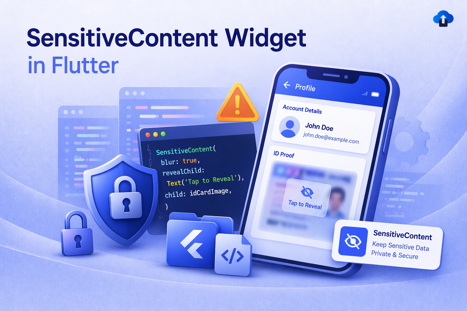 Illustration of SensitiveContent widget in Flutter showing a blurred ID card on a smartphone, code snippet, and security icons like lock and shield to represent privacy and secure data handling.