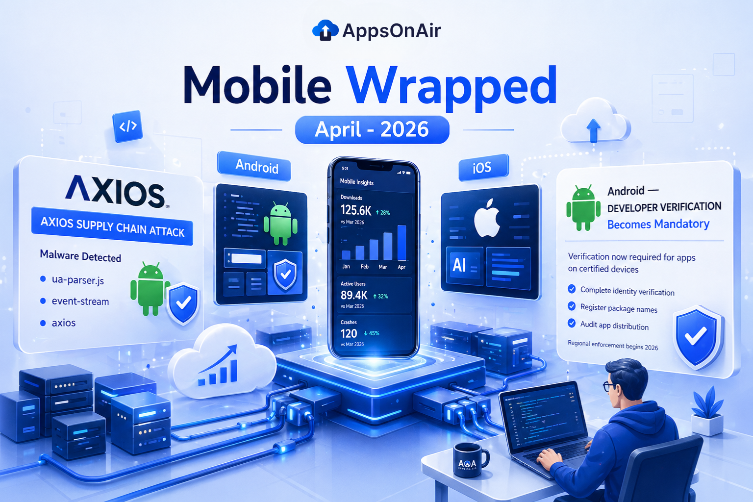 AppsOnAir Mobile Wrapped April 2026 illustration showing key mobile industry updates including the Axios supply chain attack, Android developer verification requirements, iOS and AI insights, and mobile app performance analytics dashboard with downloads, users, and crash metrics