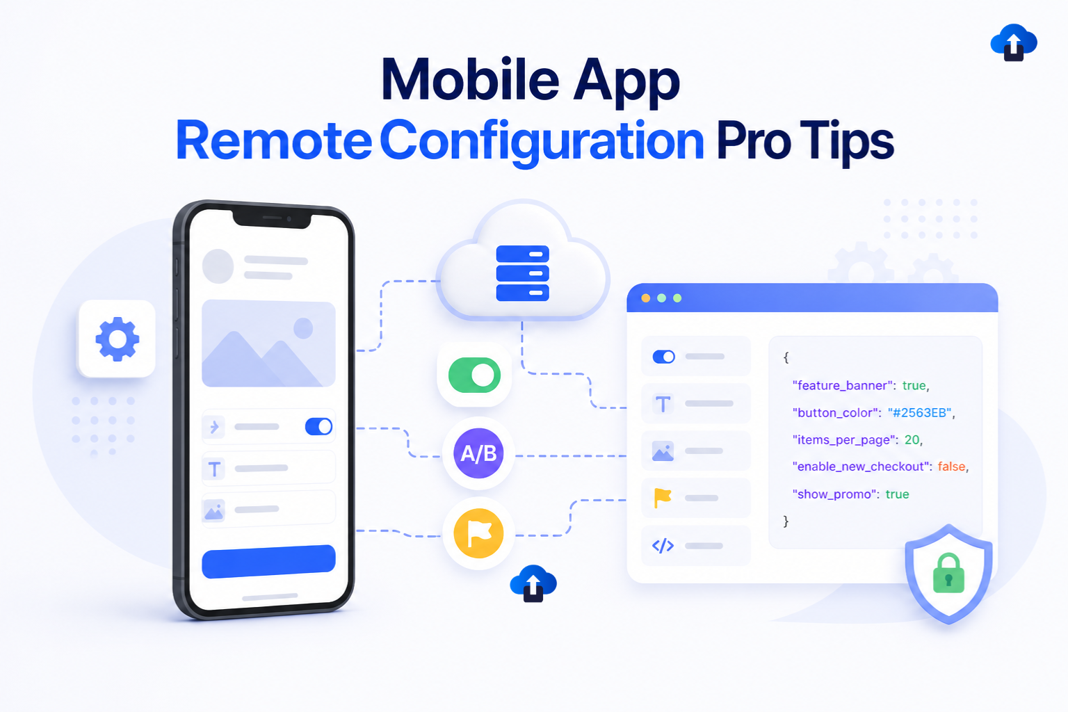 Blog cover illustration for “Mobile App RemoteConfiguration Pro Tips,” showing a light-themed remote configuration dashboard with a smartphone, cloud server, feature toggle controls, A/B testing icon, flag settings, code panel, and security shield in a blue-purple tech style.