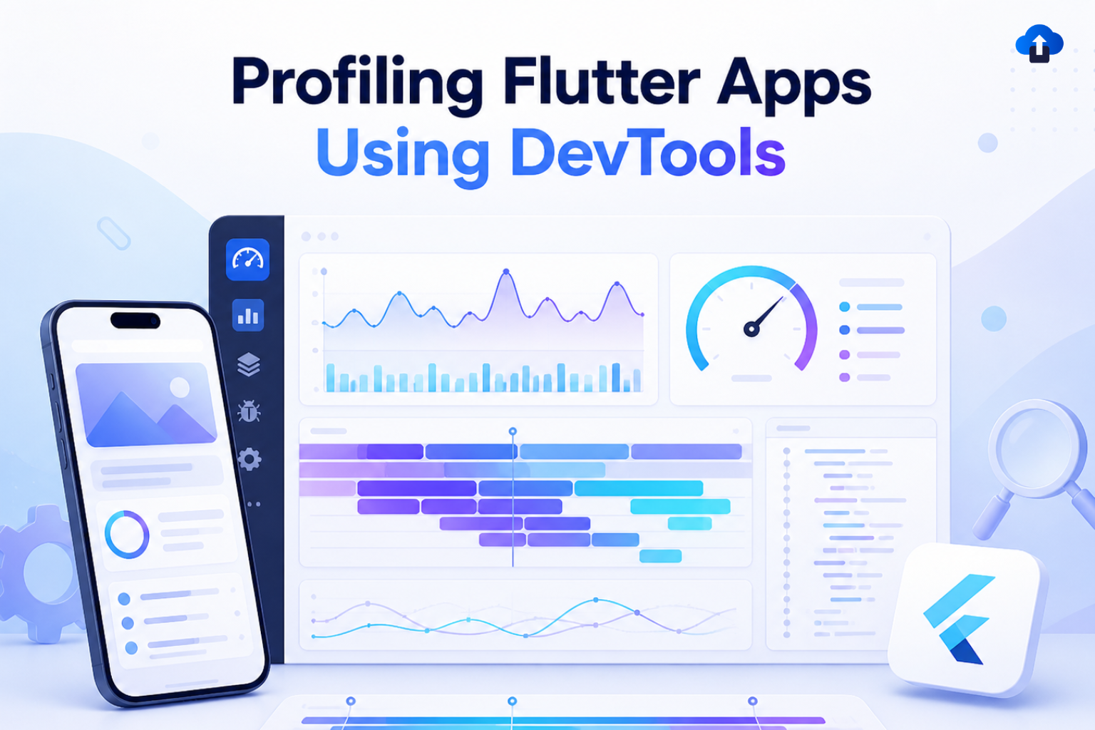 Blog cover illustration for “Profiling Flutter Apps Using DevTools,” showing a light-themed Flutter performance dashboard with charts, timeline traces, metrics panels, a mobile app preview, magnifying glass, and Flutter logo in a blue-purple tech style.