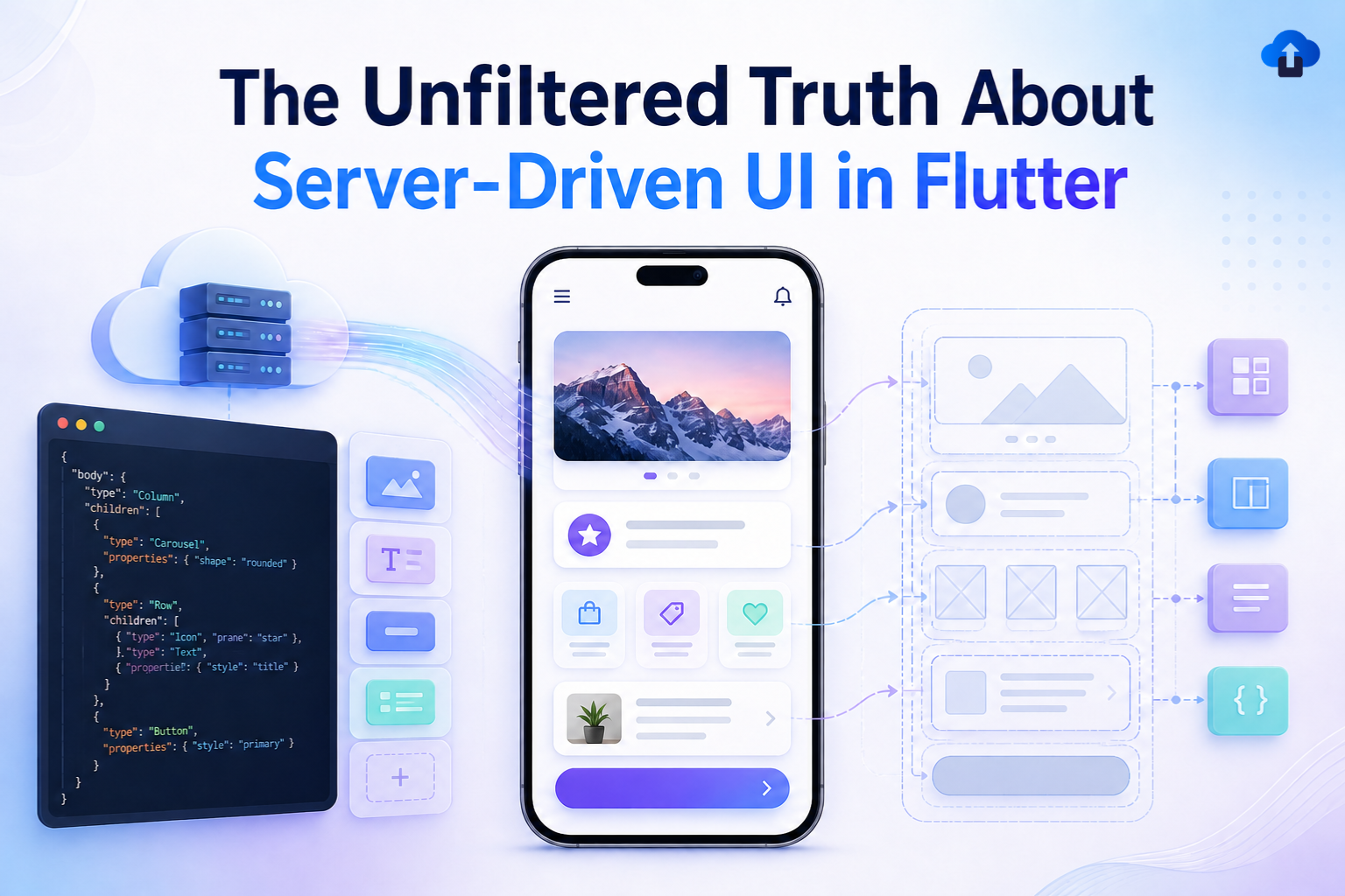 Blog cover illustration for “The Unfiltered Truth About Server-Driven UI in Flutter,” showing a light-themed server-driven UI workflow with cloud servers, JSON configuration code, a central mobile app screen, UI component blocks, layout wireframes, and Flutter-style blue-purple design elements.