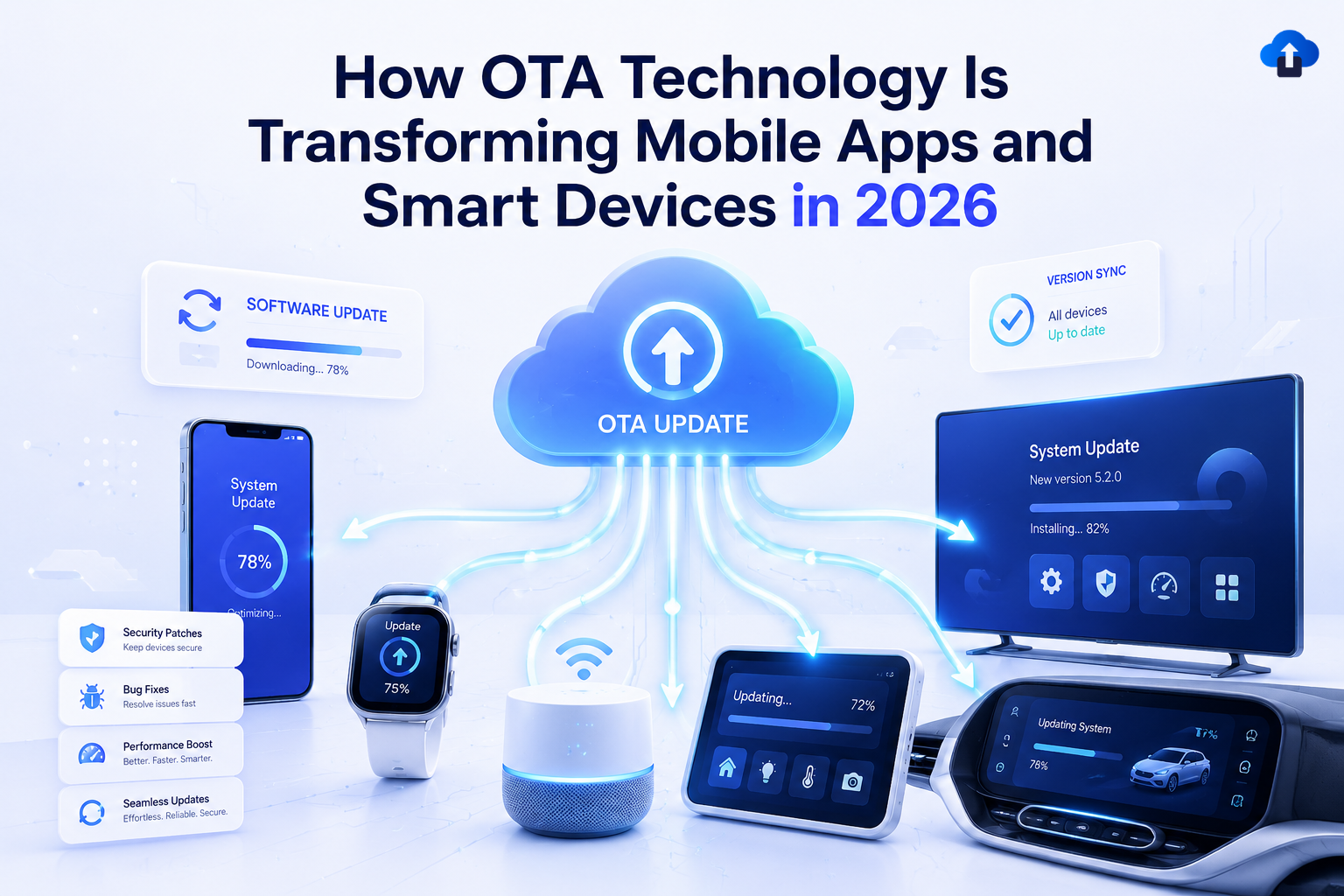 OTA technology transforming mobile apps and smart devices with cloud-based updates, connected devices, security patches, bug fixes, and performance improvements in 2026
