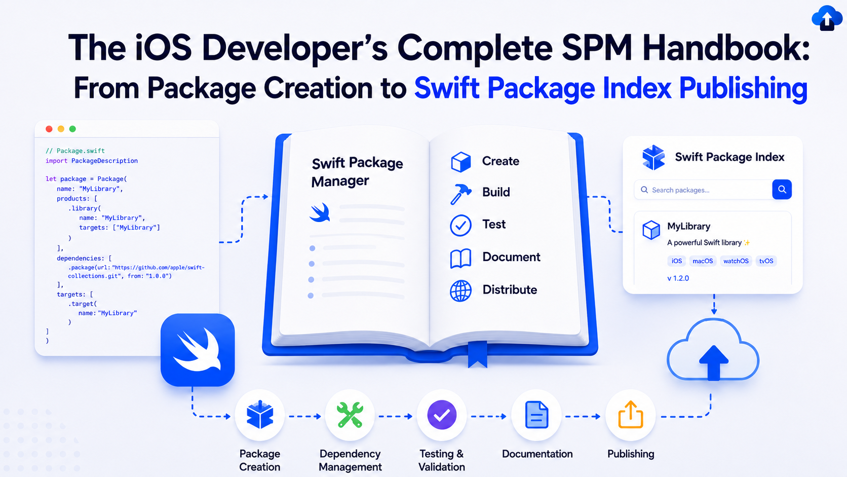 Illustration of an iOS developer’s Swift Package Manager handbook showing Package.swift code, package creation, dependency management, testing, documentation, publishing, and Swift Package Index distribution workflow.