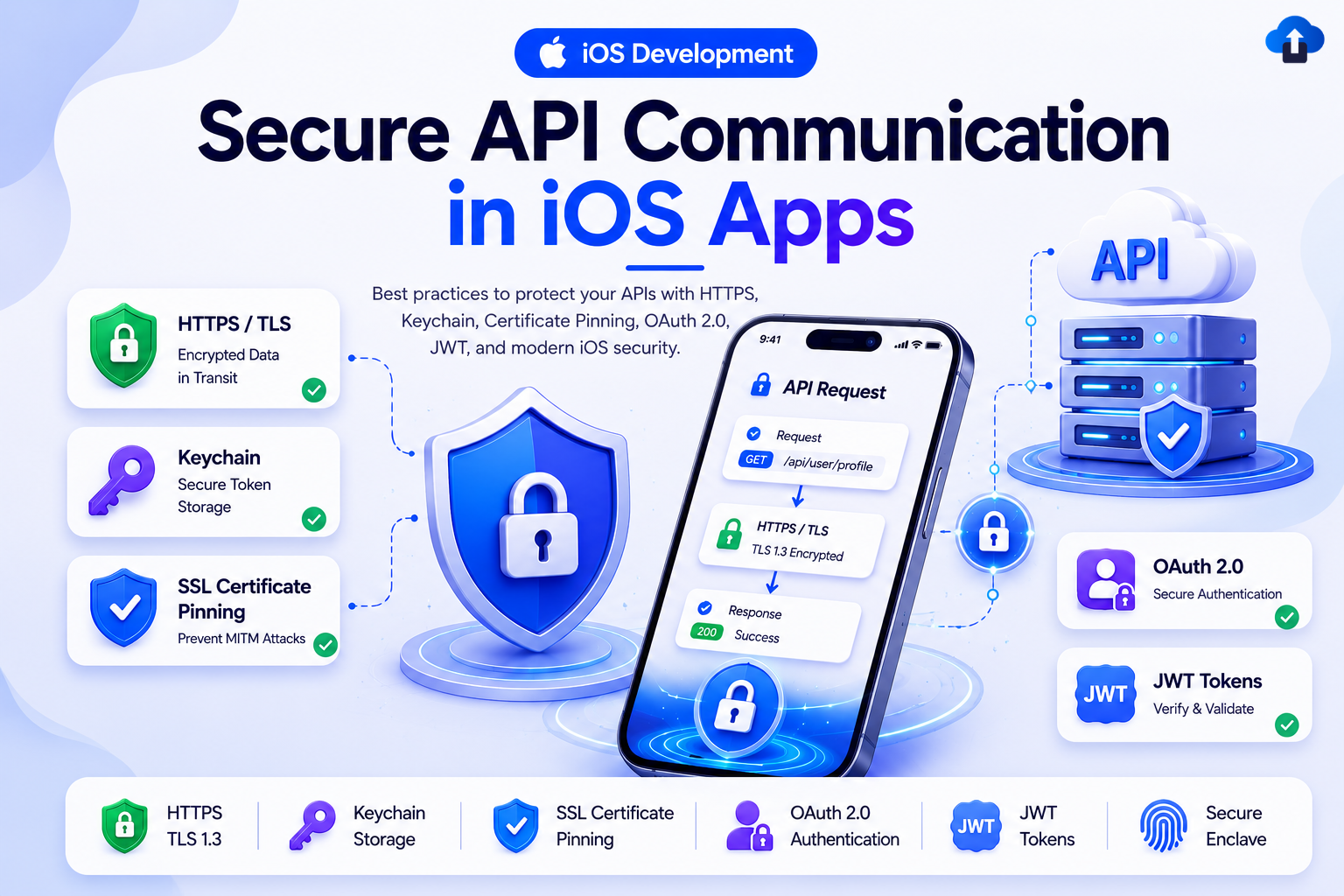Secure API Communication in iOS Apps with HTTPS TLS, Keychain Storage, SSL Certificate Pinning, OAuth 2.0 Authentication, JWT Tokens, Secure Enclave, and Protected API Servers.