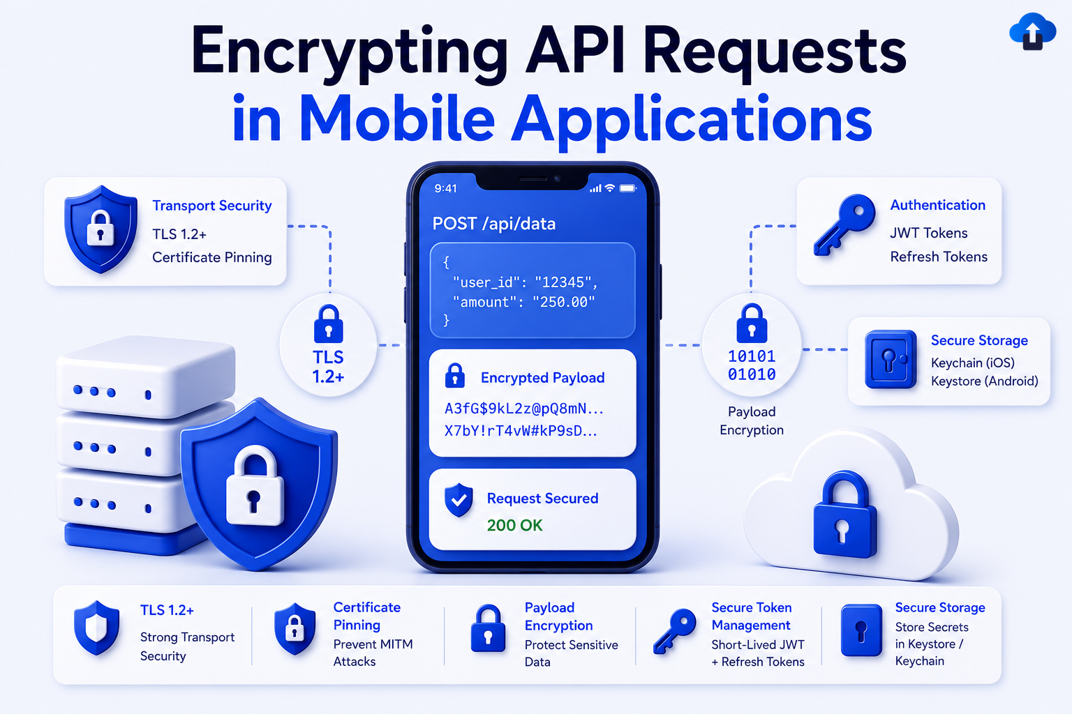 Encrypting API requests in mobile applications with TLS 1.2+, certificate pinning, payload encryption, JWT authentication, and secure token storage for Android and iOS security.