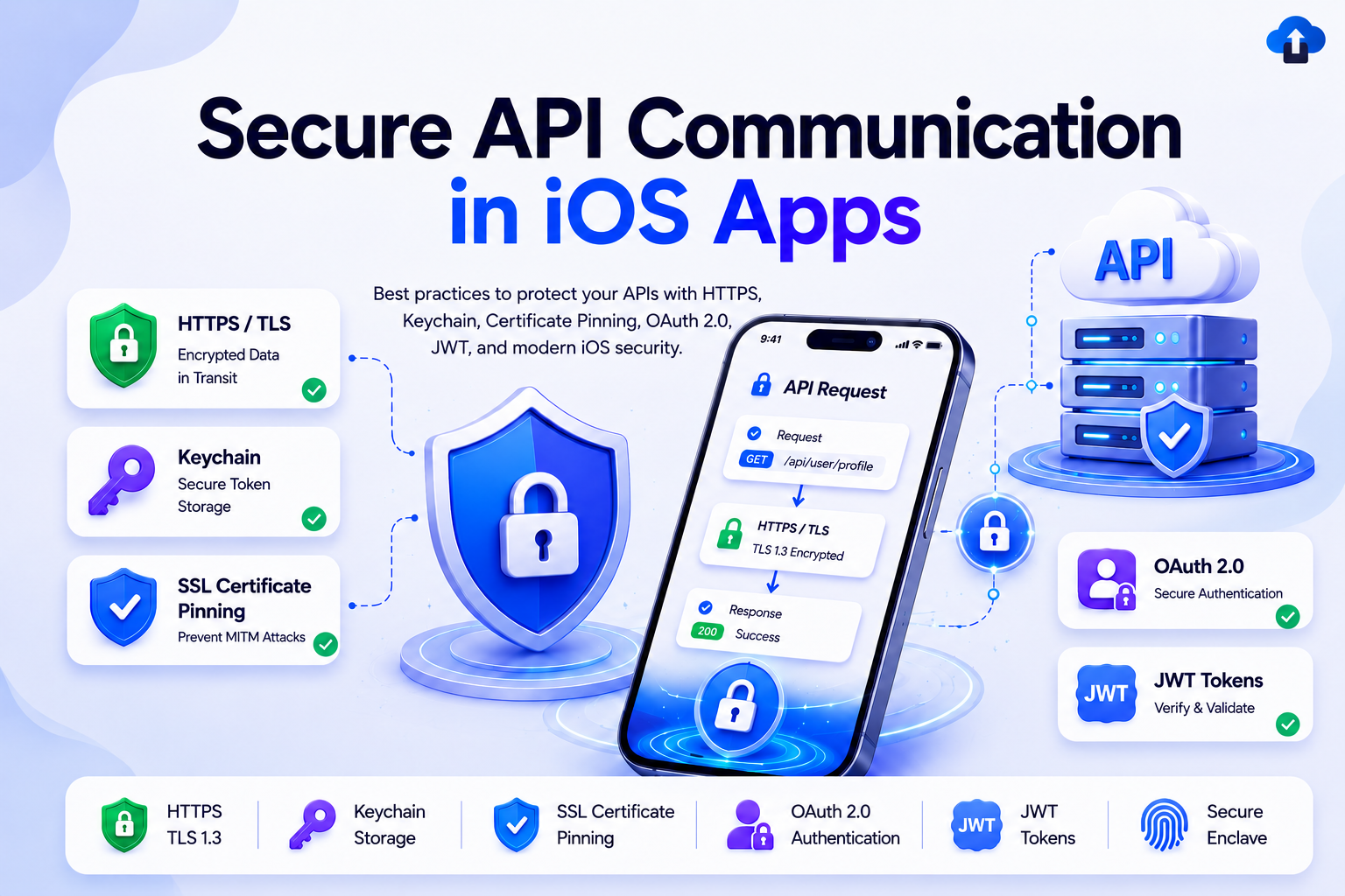 Secure API Communication in iOS Apps with HTTPS TLS, Keychain Storage, SSL Certificate Pinning, OAuth 2.0 Authentication, JWT Tokens, Secure Enclave, and Protected API Servers.