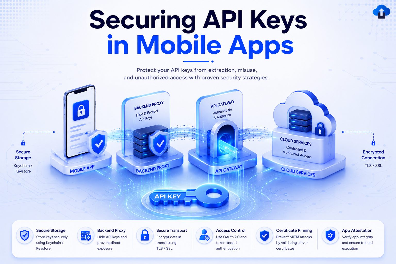 API key security architecture for mobile applications featuring secure storage, backend proxy, API gateway, cloud services, TLS/SSL encryption, certificate pinning, access control, and app attestation.