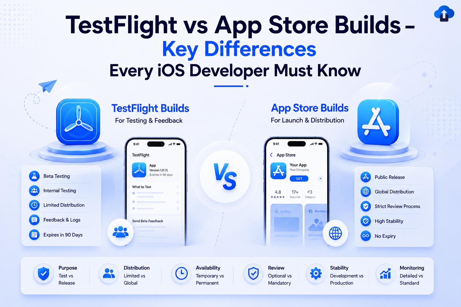 Infographic comparing TestFlight vs App Store builds for iOS developers, detailing key differences in purpose, distribution, availability, review process, stability, and monitoring.