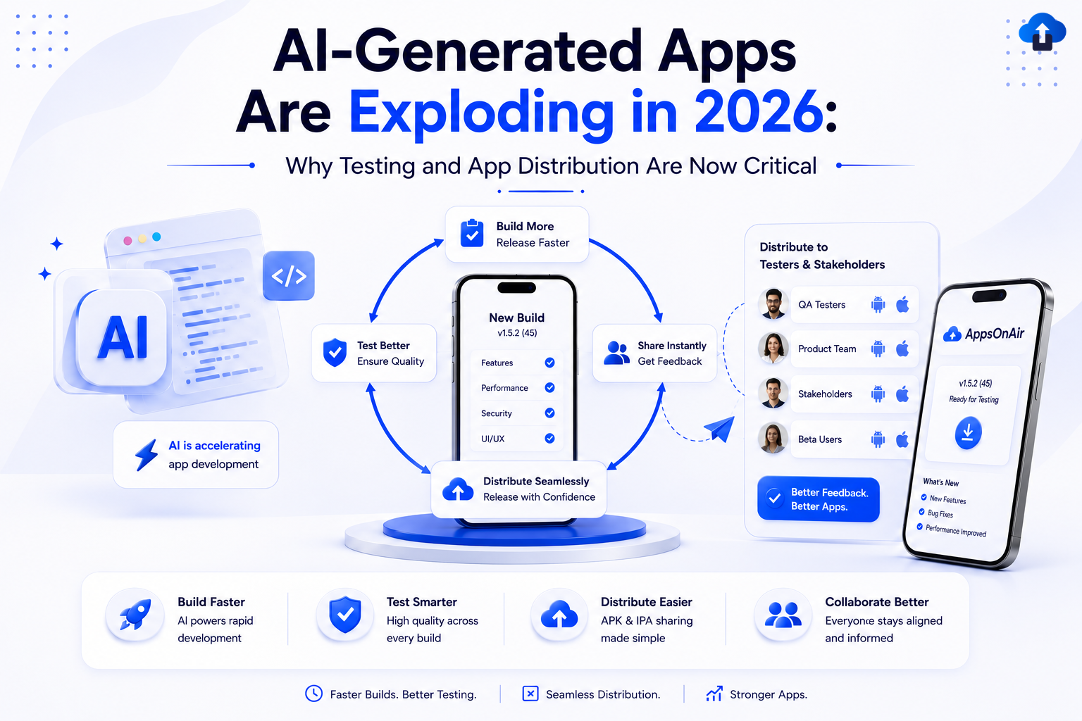 AI-generated apps are rapidly growing in 2026, highlighting the importance of testing and app distribution. Infographic showing AI-powered app development, build testing, stakeholder collaboration, secure distribution, quality assurance, and mobile app release workflows.