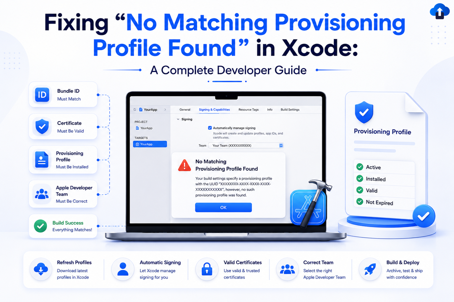 A banner titled "Fixing 'No Matching Provisioning Profile Found' in Xcode: A Complete Developer Guide," featuring a laptop displaying the Xcode error popup alongside code-signing checklist components.