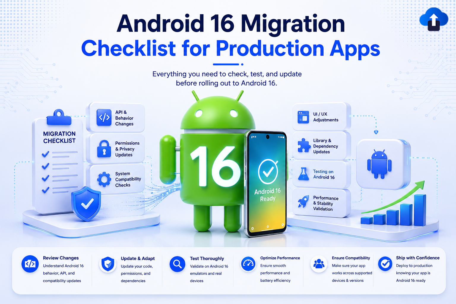 A technical development banner titled "Android 16 Migration Checklist for Production Apps" with the subtitle "Everything you need to check, test, and update before rolling out to Android 16." In the center, a 3D green Android mascot stands with the number "16" printed on its chest next to a smartphone displaying "Android 16 Ready" with a checkmark. To the left, a clipboard labeled "Migration Checklist" sits next to blocks for API & Behavior Changes, Permissions & Privacy Updates, and System Compatibility Checks. To the right are blocks for UI/UX Adjustments, Library & Dependency Updates, Testing on Android 16, and Performance & Stability Validation. A bottom horizontal banner details deployment steps: Review Changes, Update & Adapt, Test Thoroughly, Optimize Performance, Ensure Compatibility, and Ship with Confidence.