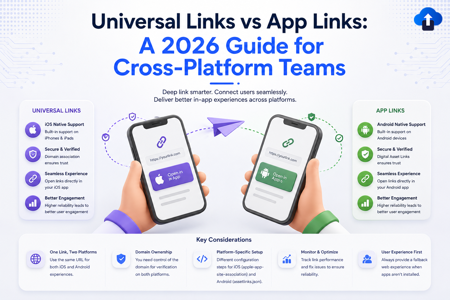 An infographic titled "Universal Links vs App Links: A 2026 Guide for Cross-Platform Teams." The graphic features two hands holding smartphones facing each other with a purple paper airplane flying between them. The left phone represents iOS Universal Links with an "Open in App" prompt, while the right phone represents Android App Links. The left section details Universal Links features: iOS Native Support, Secure & Verified (domain association), Seamless Experience, and Better Engagement. The right section details identical core benefits for Android App Links using Digital Asset Links. The bottom banner outlines "Key Considerations" for cross-platform teams: One Link, Two Platforms; Domain Ownership; Platform-Specific Setup (apple-app-site-association and assetlinks.json); Monitor & Optimize; and User Experience First (providing a web fallback).