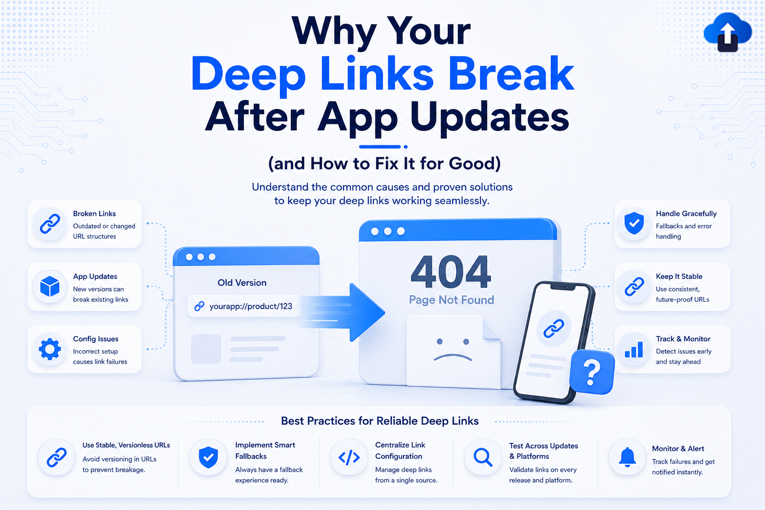 An infographic titled "Why Your Deep Links Break After App Updates (and How to Fix It for Good)." The center displays a 3D illustration of an old version window pointing an arrow to a "404 Page Not Found" screen alongside a smartphone showing a broken link icon. The left column lists common causes: Broken Links (outdated structures), App Updates (new versions breaking links), and Config Issues (incorrect setup). The right column highlights fixes: Handle Gracefully (fallbacks and error handling), Keep It Stable (consistent URLs), and Track & Monitor (early detection). A bottom banner features "Best Practices for Reliable Deep Links," including using stable versionless URLs, implementing smart fallbacks, centralizing link configuration, testing across updates, and setting up monitor alerts.