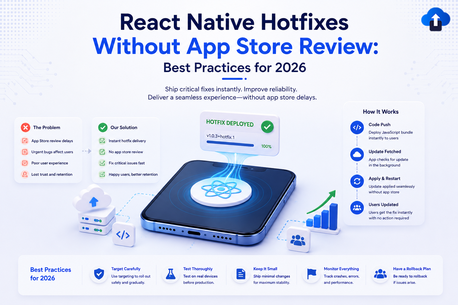 A DevOps and mobile product strategy infographic titled "React Native Hotfixes Without App Store Review: Best Practices for 2026," with the subtitle "Ship critical fixes instantly. Improve reliability. Deliver a seamless experience—without app store delays." The central graphic features a 3D smartphone displaying a glowing React framework logo projecting a "HOTFIX DEPLOYED v1.0.3+hotfix.1 100%" success notification badge. The left card contrasts "The Problem" (App Store review delays, urgent bugs, poor UX, lost trust) with "Our Solution" (instant hotfix delivery, no store review, fast fixes, better retention). The right sidebar outlines "How It Works" in a 4-step pipeline: Code Push, Update Fetched, Apply & Restart, and Users Updated. The bottom bar details "Best Practices for 2026": Target Carefully, Test Thoroughly, Keep It Small, Monitor Everything, and Have a Rollback Plan.