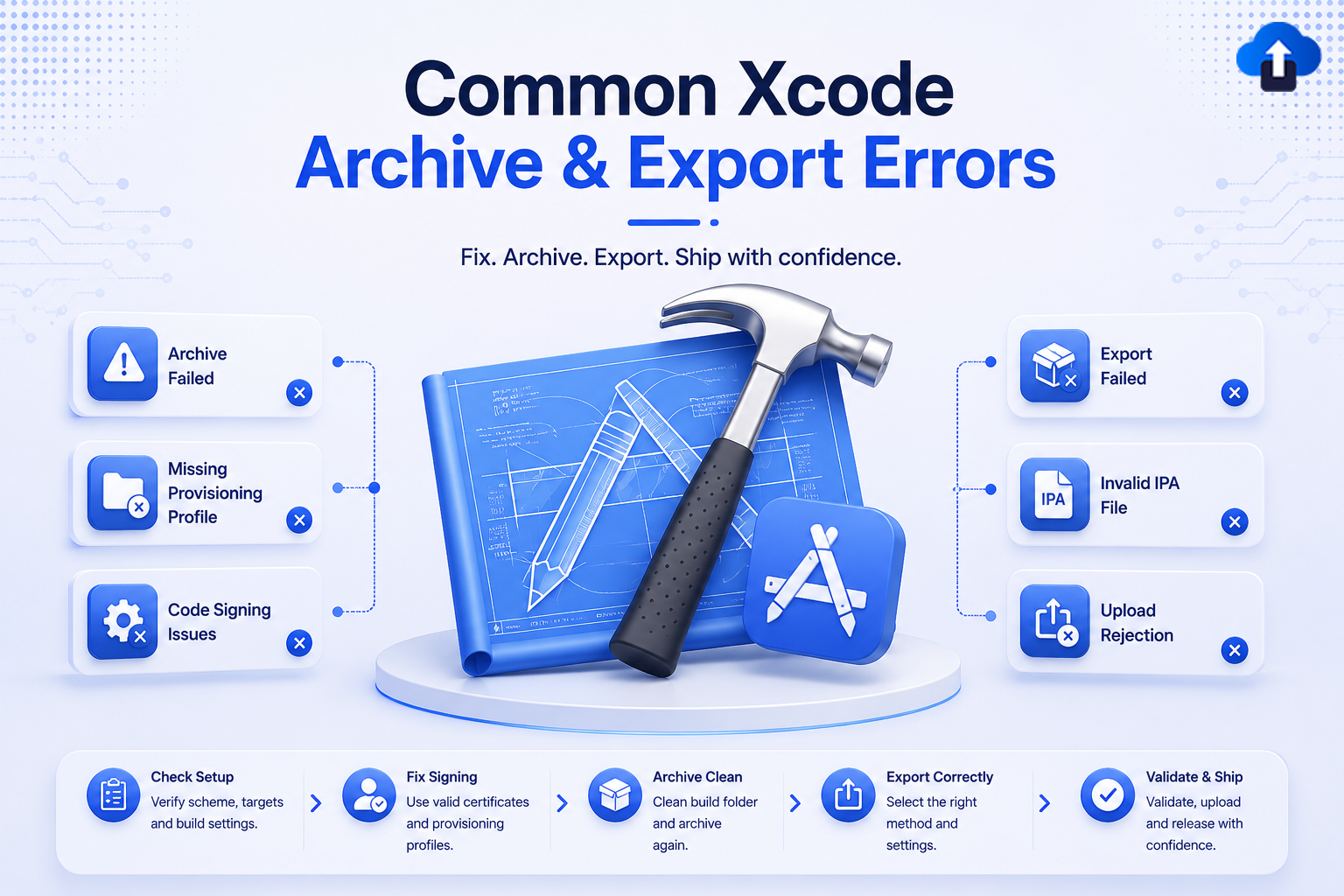 Troubleshooting guide for common Xcode archive and export errors, featuring a 3D blueprint, hammer, App Store icon, and developer workflow steps.
