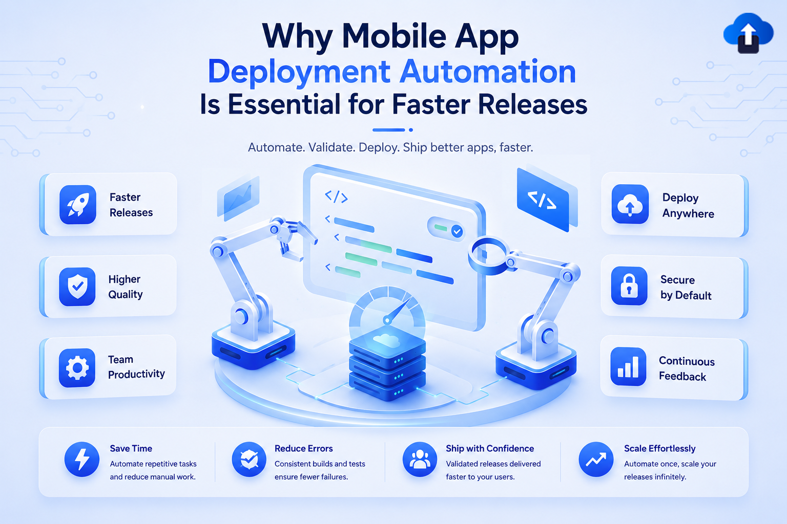 Why mobile app deployment automation is essential for faster releases – robotic arms managing CI/CD pipeline with benefits like higher quality, team productivity, and continuous feedback