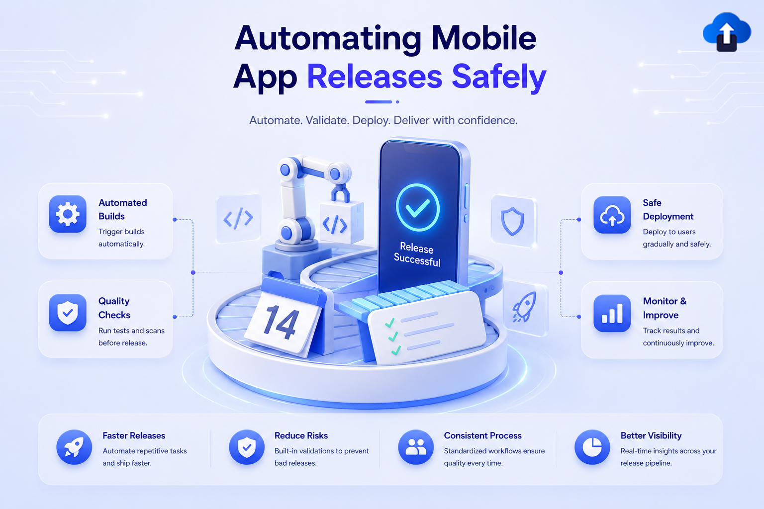 Automating mobile app releases safely – automated builds, quality checks, gradual deployment and continuous monitoring for confident delivery