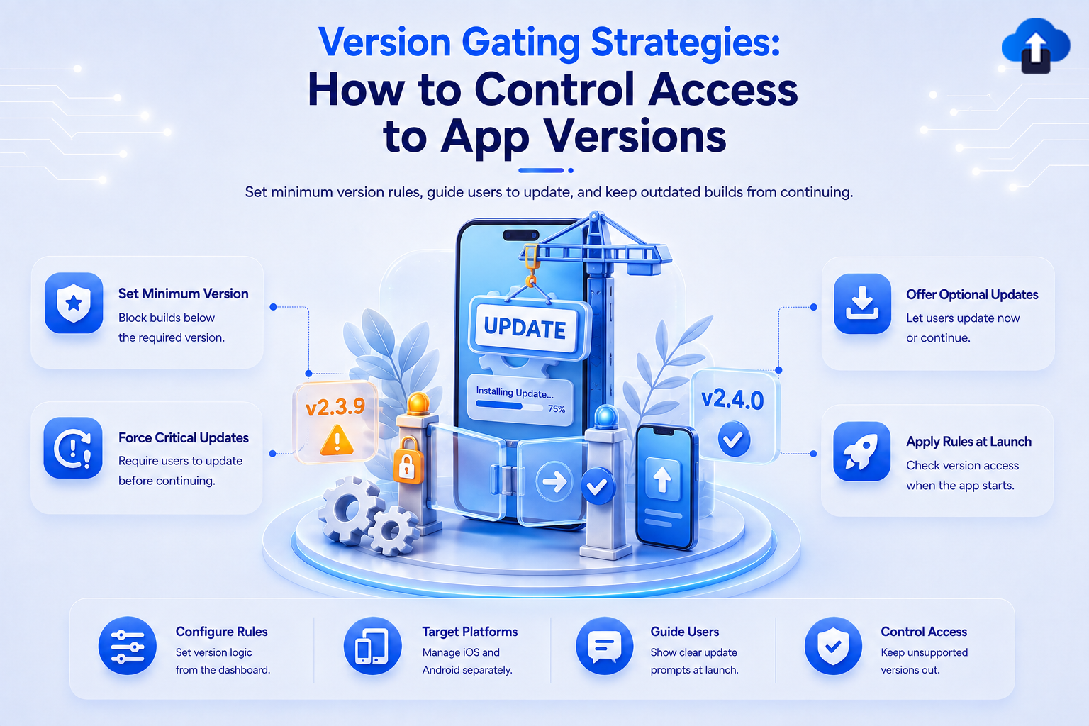 Version gating strategies to control access to app versions – set minimum version rules, force critical updates and guide users to upgrade
