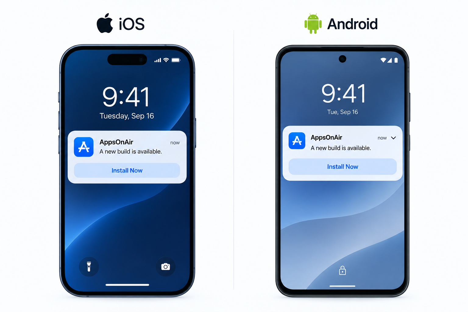 iOS vs Android Push Notifications: Side-by-side comparison of iOS and Android lock screens displaying the same AppsOnAir push notification with a new build alert and Install Now button.