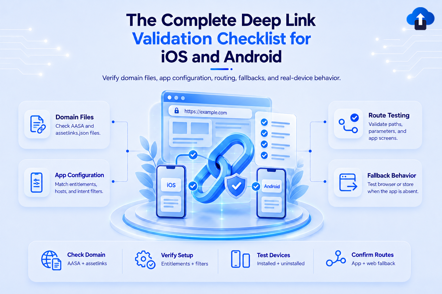 Complete deep link validation checklist for iOS and Android – domain files, app configuration, route testing and fallback behavior