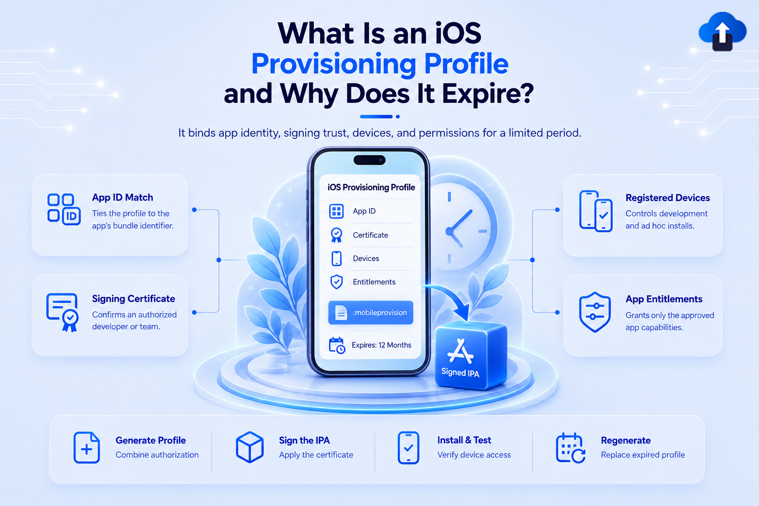What is an iOS provisioning profile and why it expires – binds app ID, signing certificate, devices and entitlements for a limited period