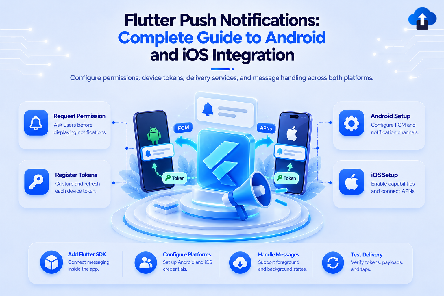 Flutter push notifications complete guide to Android and iOS integration – configure permissions, device tokens, FCM, APNs and message handling