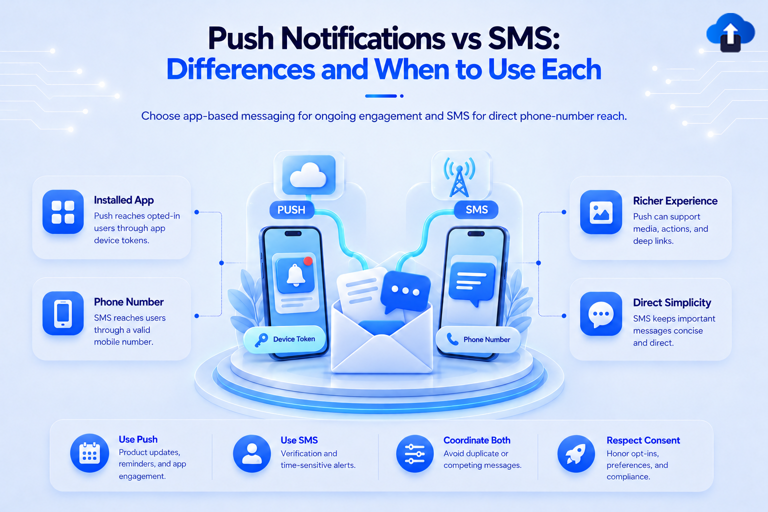 Push notifications vs SMS – differences and when to use each for app engagement versus direct phone-number reach