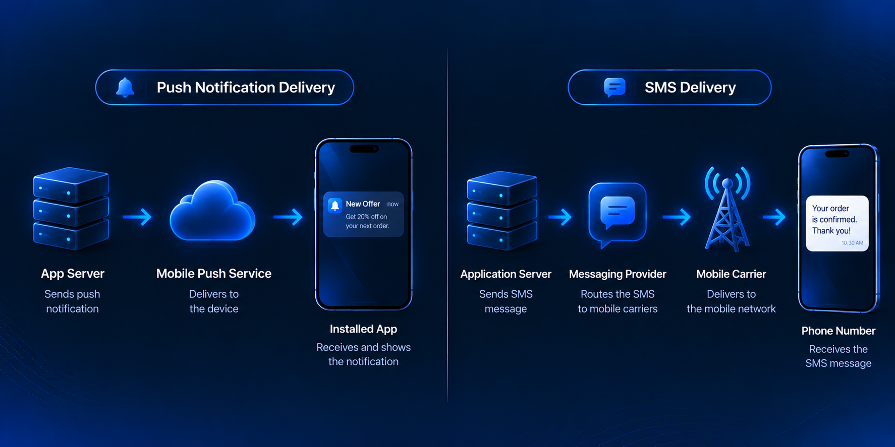 Push notification vs SMS delivery paths for mobile app communication.