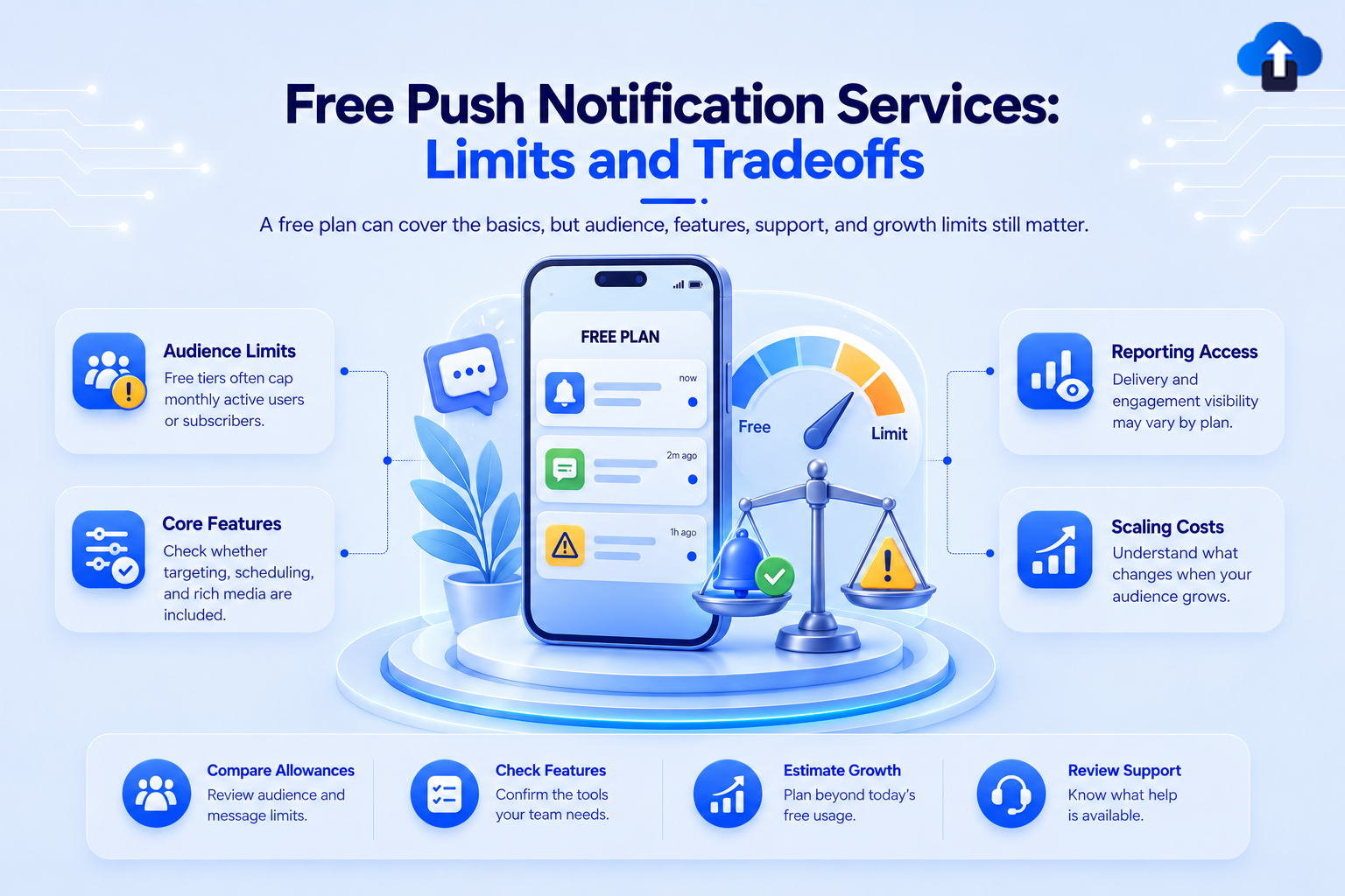 Free push notification services limits and tradeoffs – audience caps, core features, reporting access and scaling costs to consider