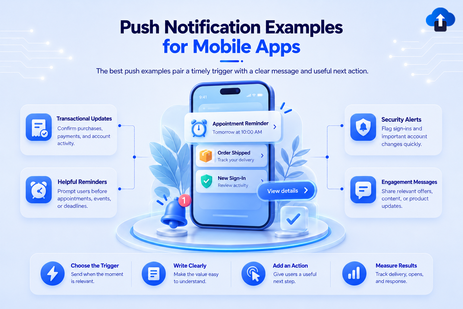 Push notification examples for mobile apps – transactional updates, helpful reminders, security alerts and engagement messages with clear next actions