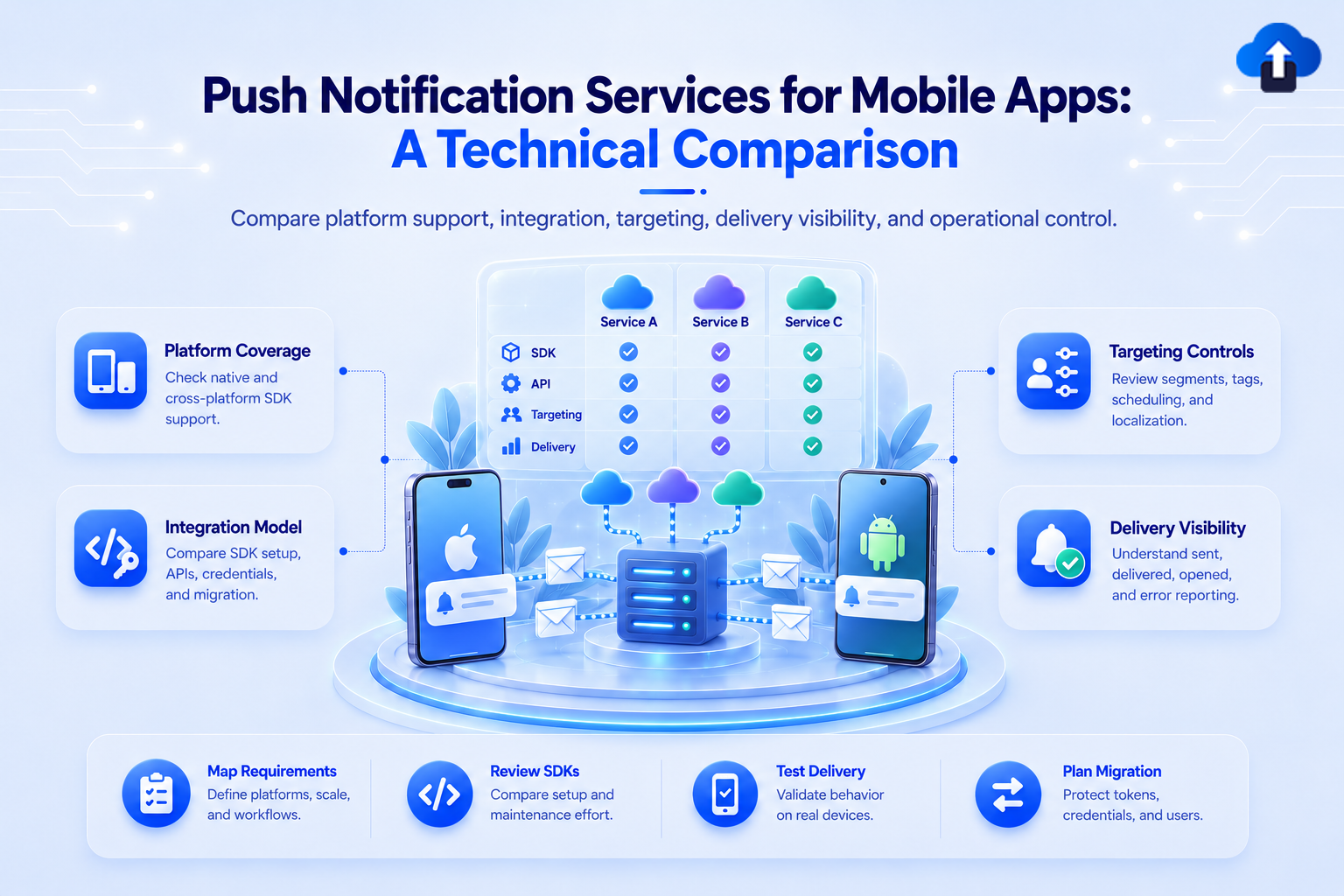 Push notification services for mobile apps technical comparison – platform coverage, integration model, targeting controls and delivery visibility