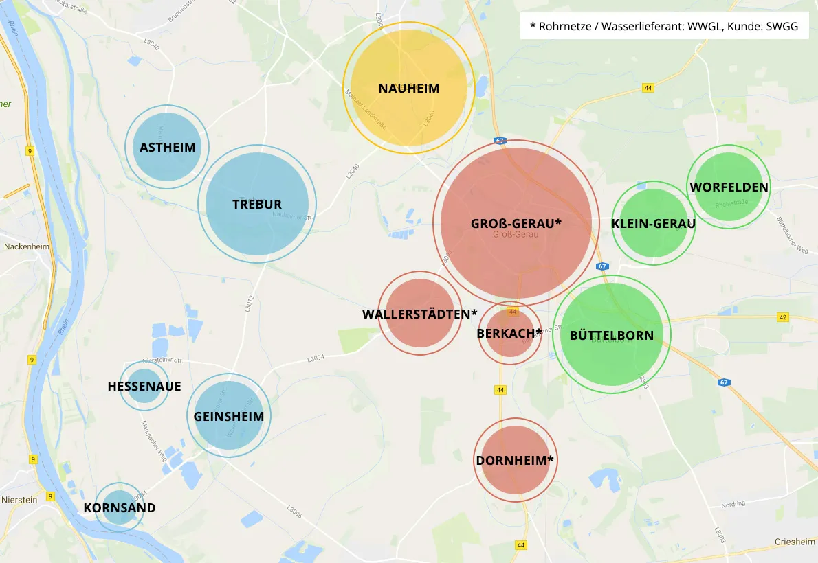 Karte mit den Versorgungsgebieten des Wasserwerkes Gerauer Land