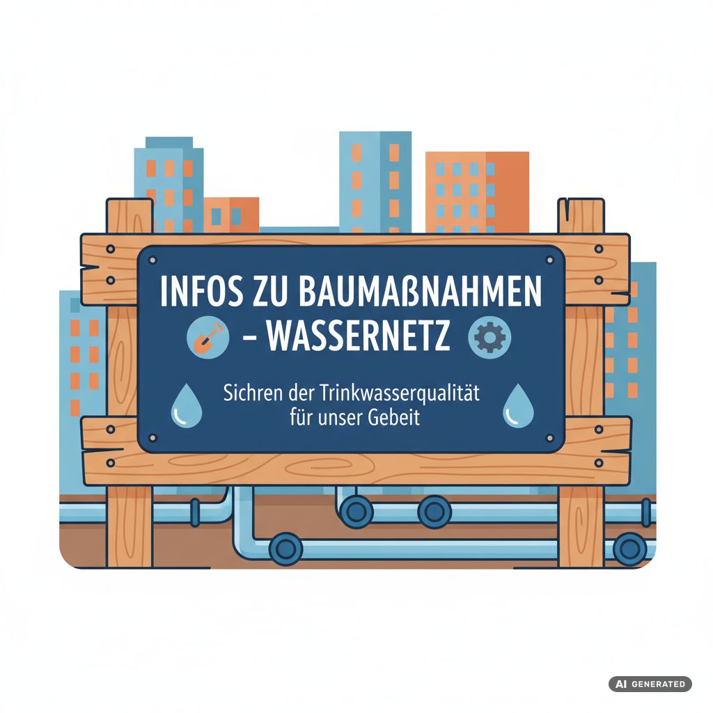 Baustellenschild mit Beschriftung: Info zu Baumaßnahmen - Wassernetz. Sichern der Trinkwasserqualität für unser Gebiet
