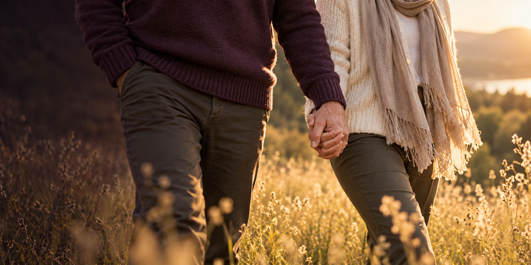 Two people holding hands as they walk through a sunlit meadow.