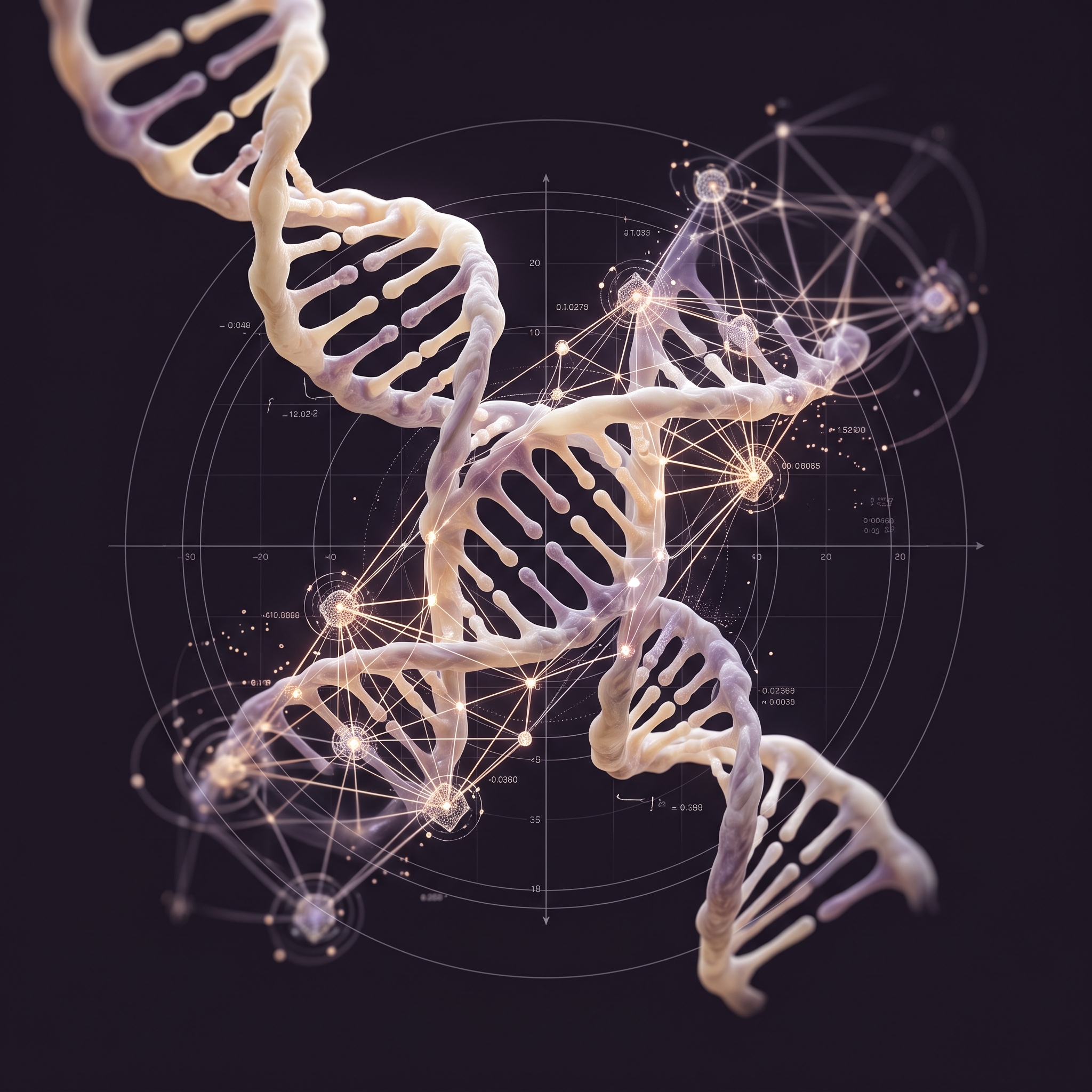 Artistic DNA helices with luminous computational connections on an aubergine background.