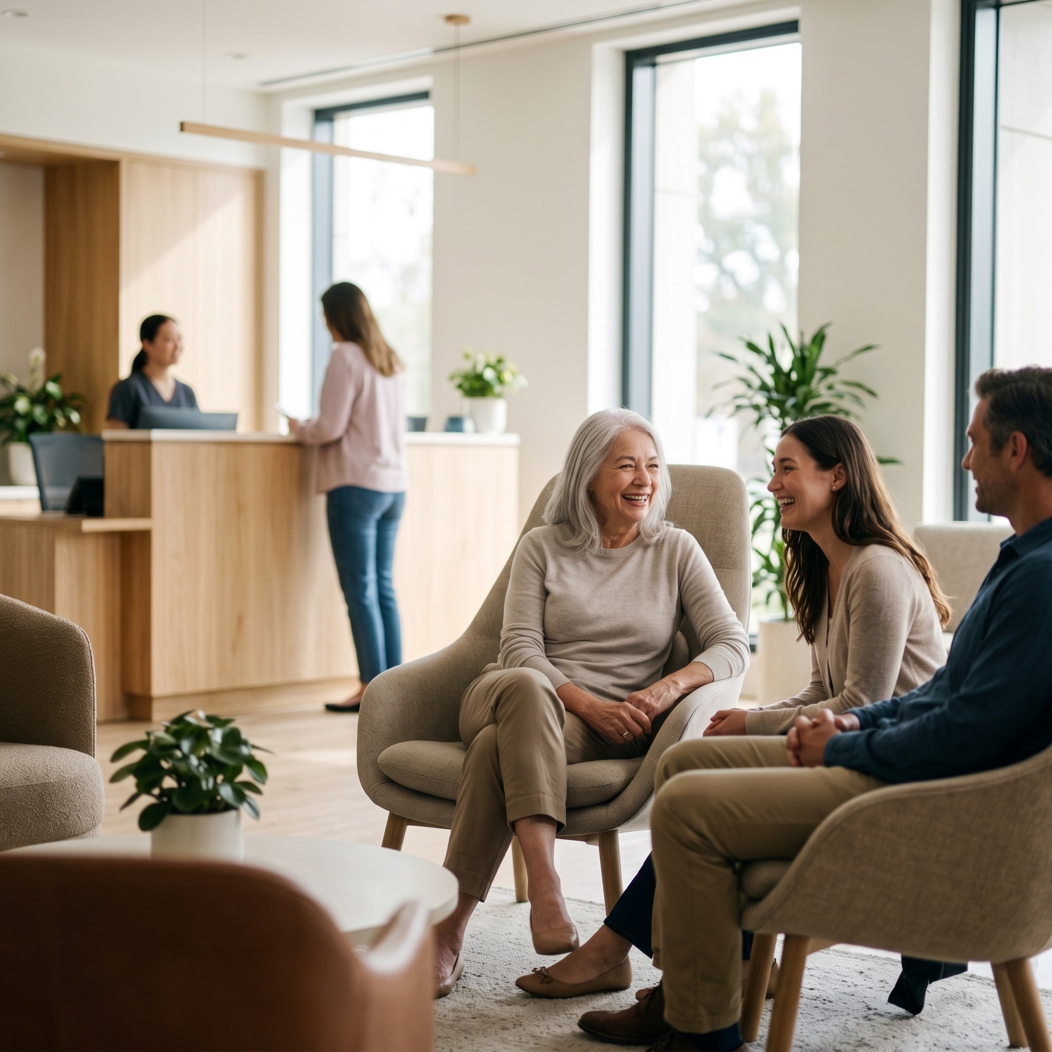 An older woman sharing a happy moment with family in a bright healthcare lounge.