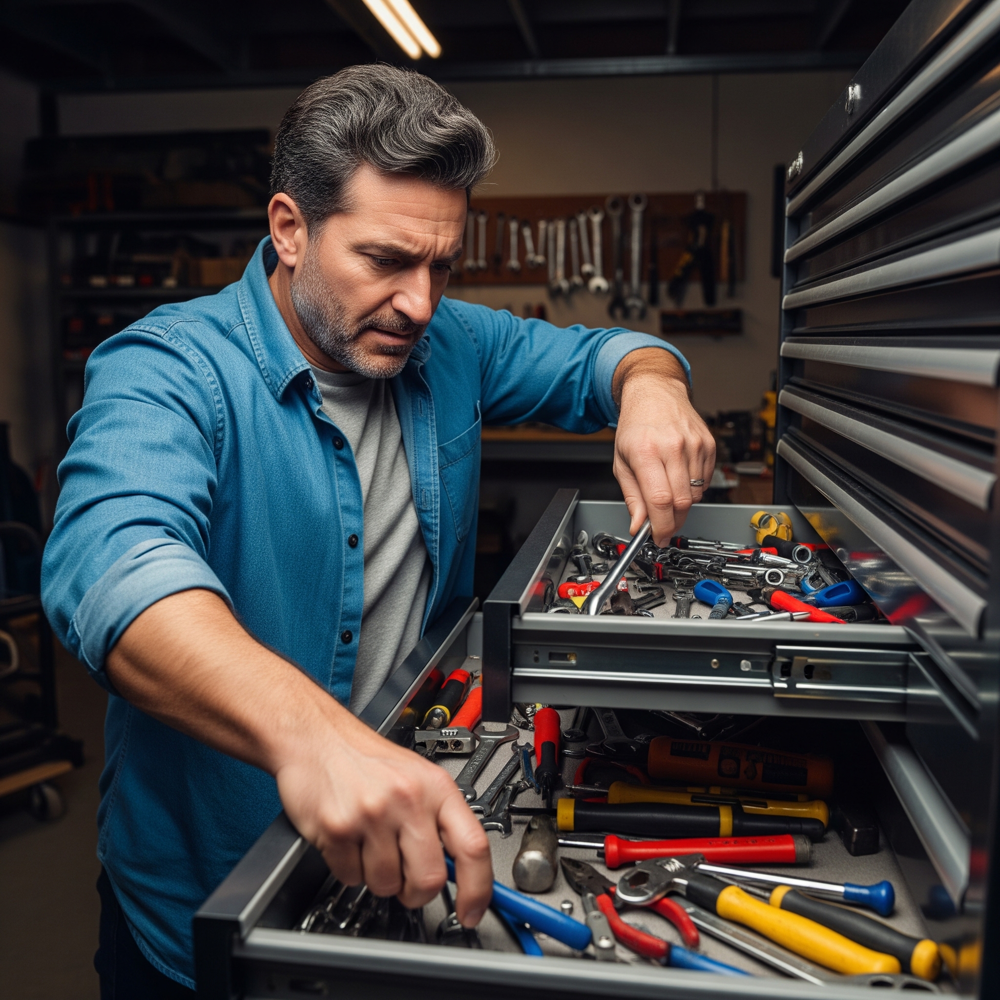 Frustrated man cannot locate his tools in his tool chest