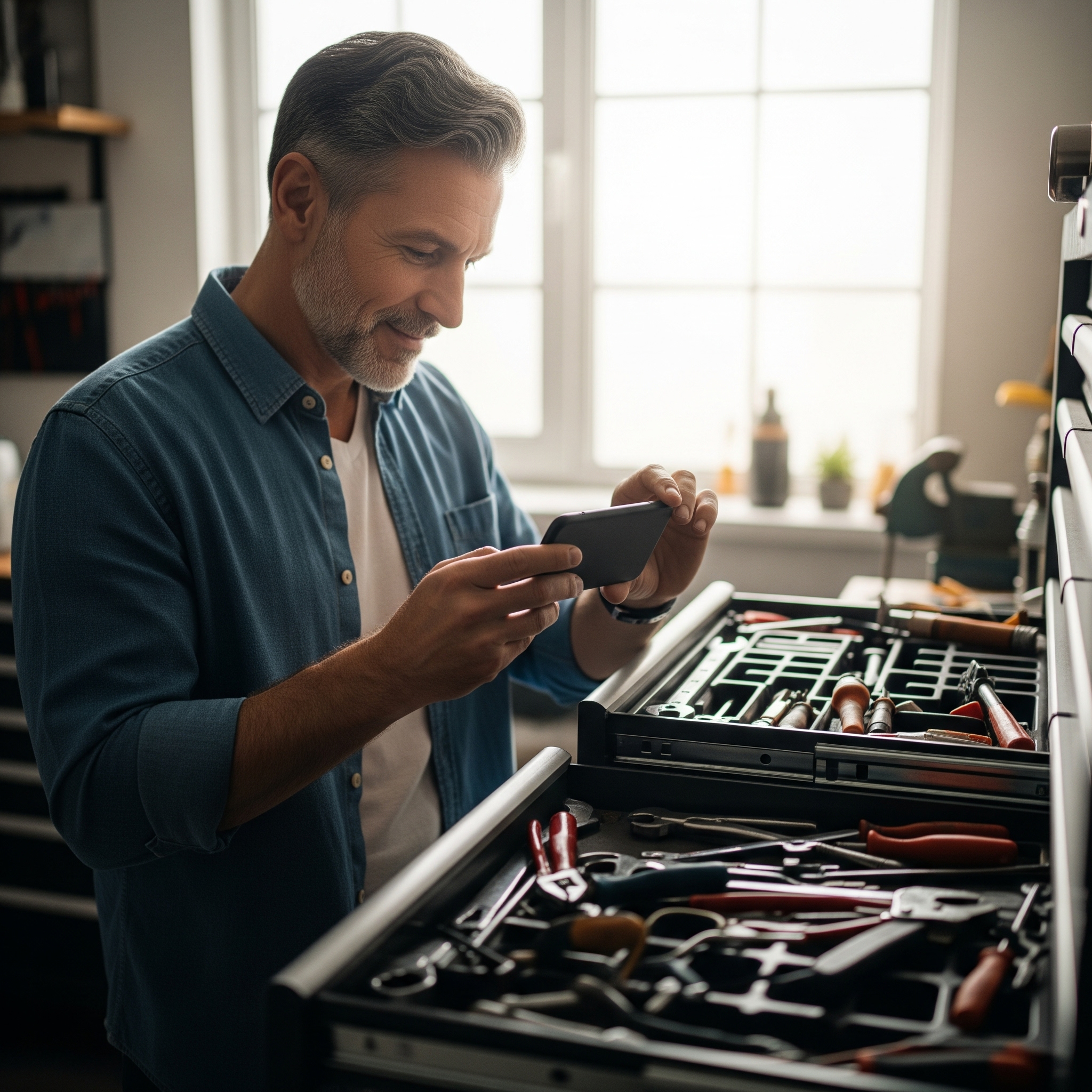 Man documenting his tools in his tool chest, to send images to Drawerzen
