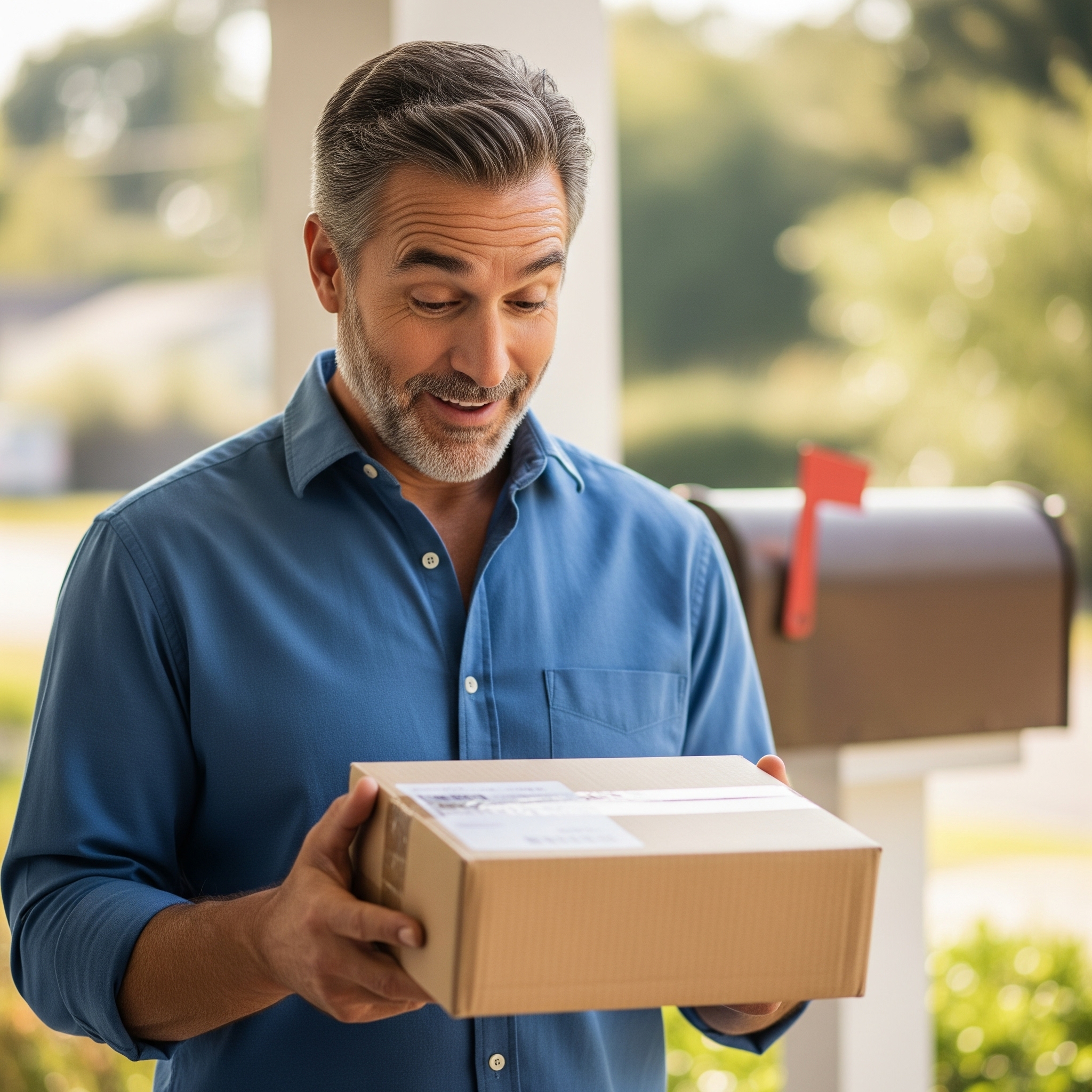 Man receiving a package in the mail