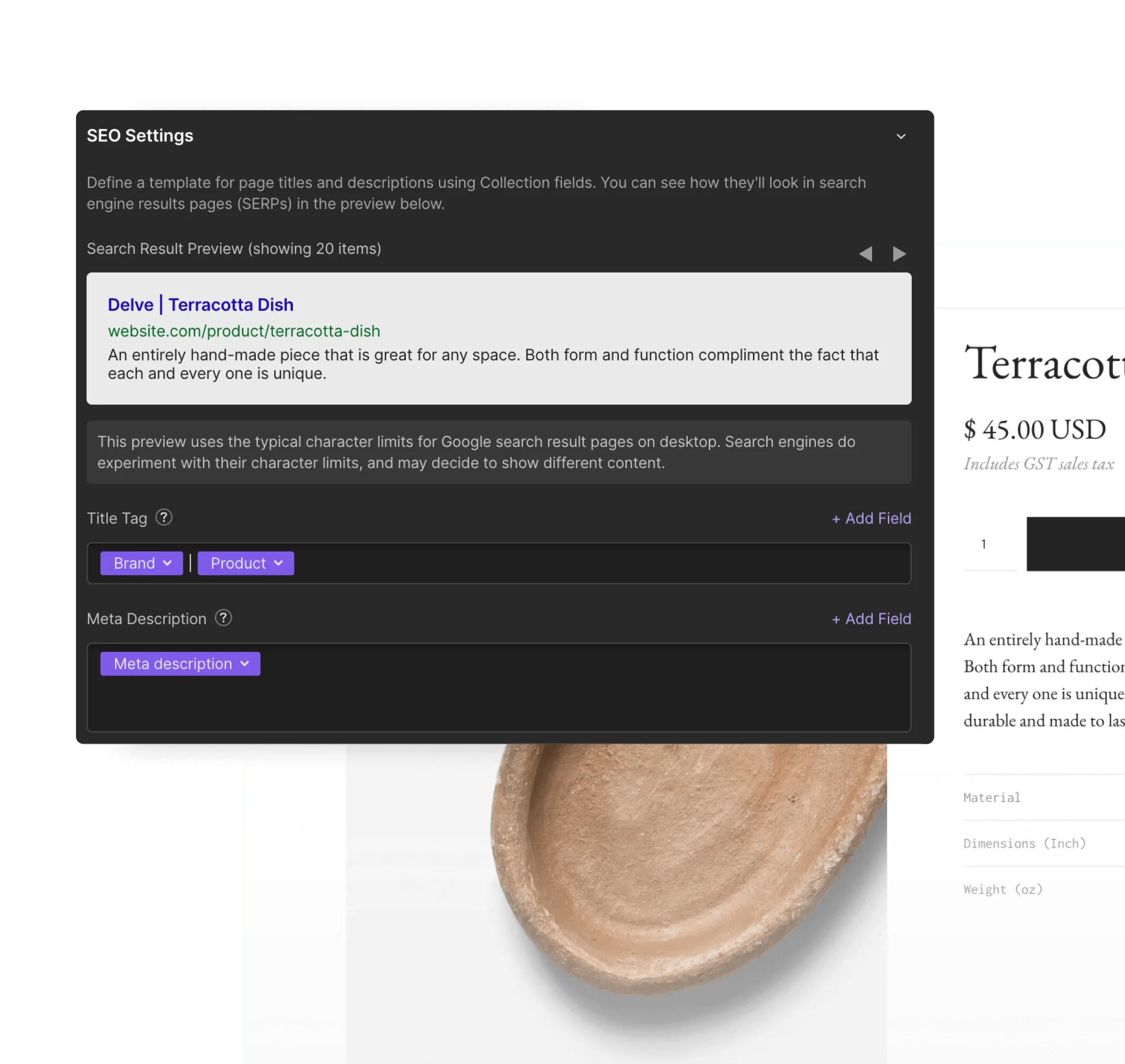 visuel de la partie seo dans webflow