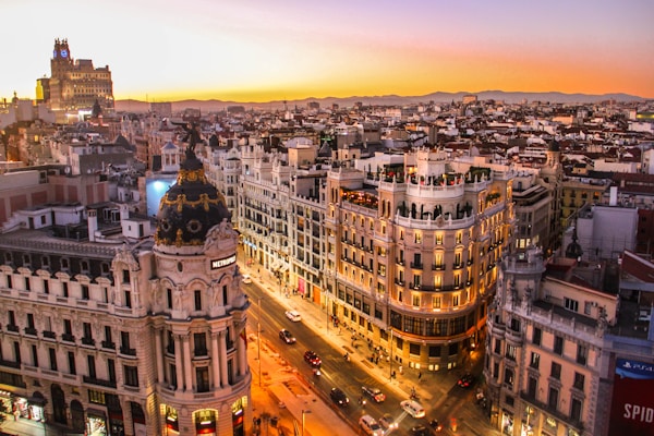 Sunset view of Gran Via in Madrid