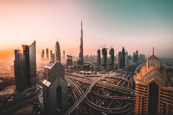 Sunrise shot of Downtown Dubai and Burj Khalifa.