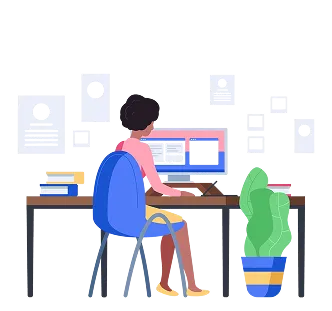 Illustration of a woman working on a computer at a desk with books and papers around her.