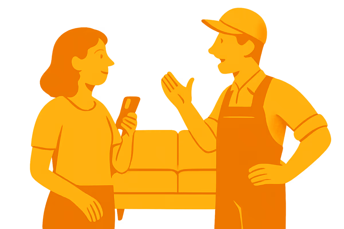 Ilustracija žene s mobitelom razgovara s muškarcem u uniformi ispred kauča.